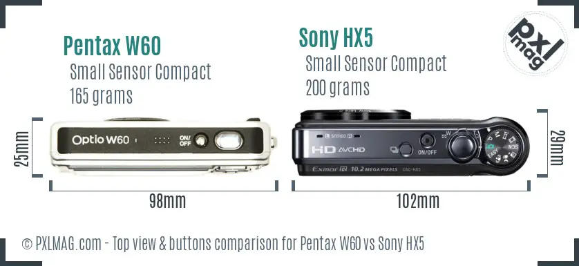 Pentax W60 vs Sony HX5 top view buttons comparison