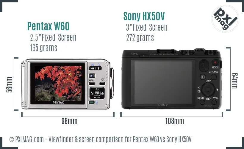 Pentax W60 vs Sony HX50V Screen and Viewfinder comparison