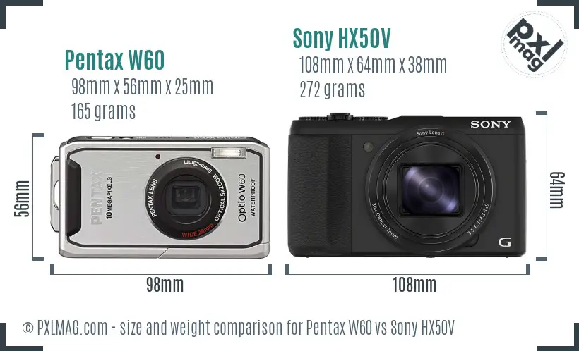 Pentax W60 vs Sony HX50V size comparison