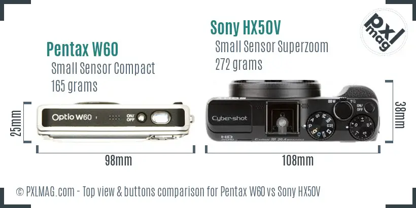 Pentax W60 vs Sony HX50V top view buttons comparison