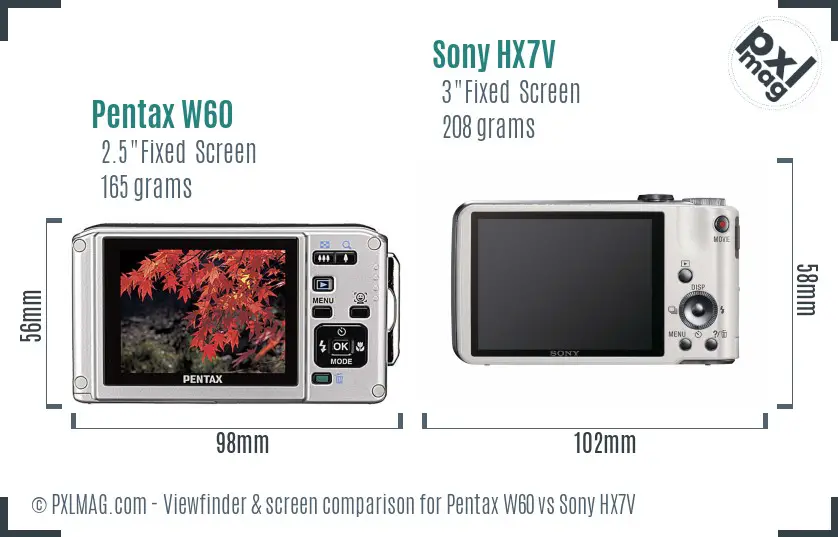 Pentax W60 vs Sony HX7V Screen and Viewfinder comparison