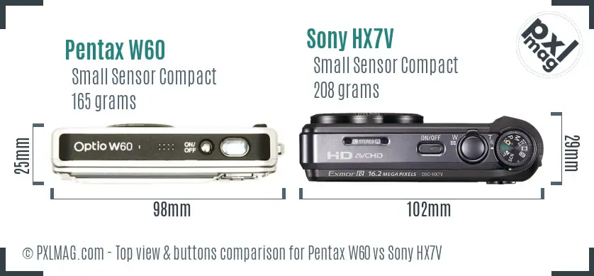 Pentax W60 vs Sony HX7V top view buttons comparison