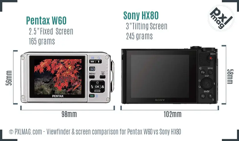 Pentax W60 vs Sony HX80 Screen and Viewfinder comparison