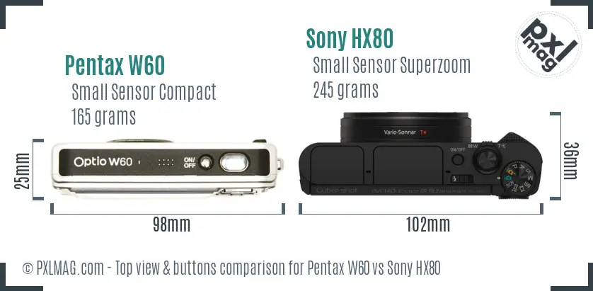 Pentax W60 vs Sony HX80 top view buttons comparison