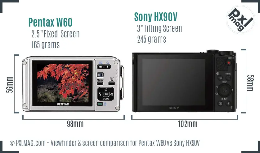 Pentax W60 vs Sony HX90V Screen and Viewfinder comparison