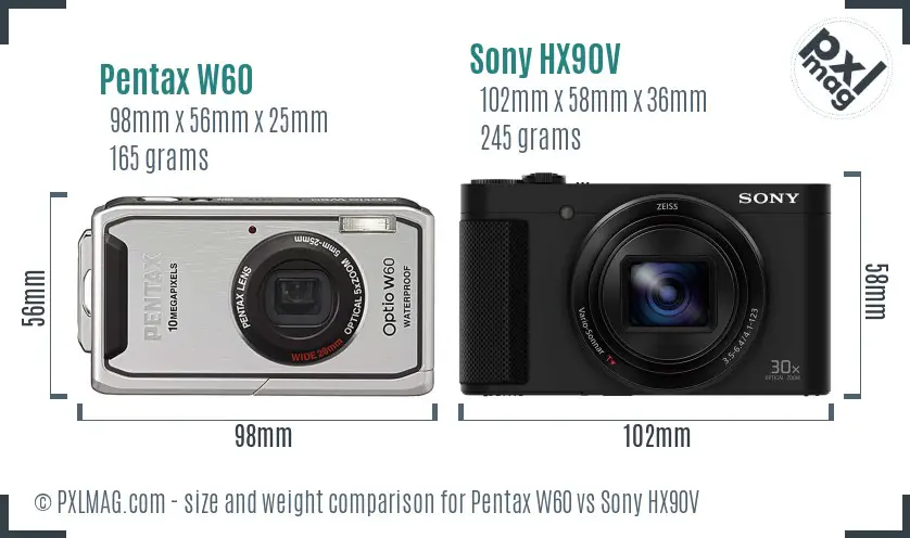 Pentax W60 vs Sony HX90V size comparison