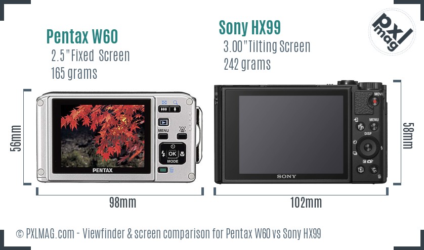 Pentax W60 vs Sony HX99 Screen and Viewfinder comparison