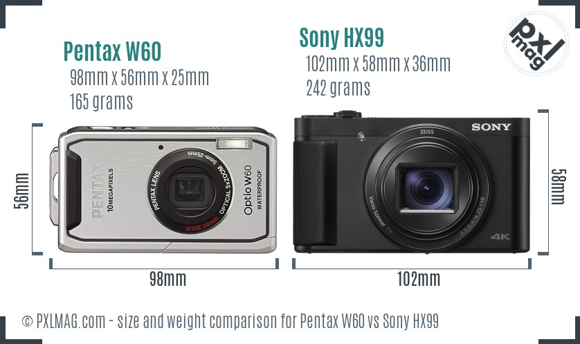 Pentax W60 vs Sony HX99 size comparison