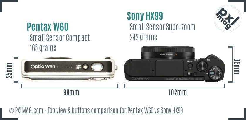 Pentax W60 vs Sony HX99 top view buttons comparison