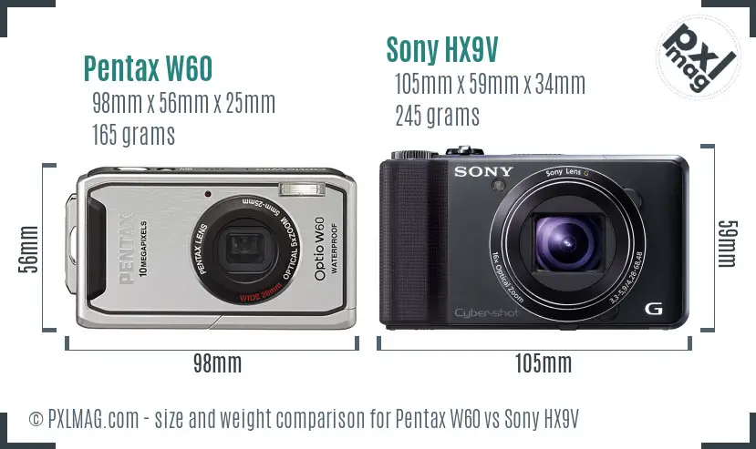 Pentax W60 vs Sony HX9V size comparison