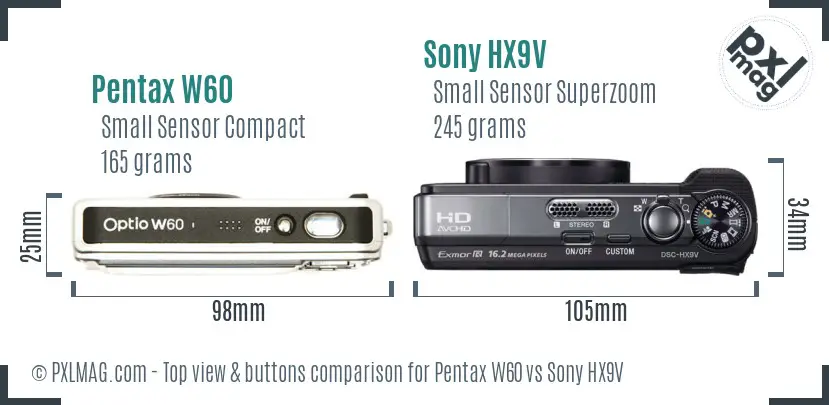 Pentax W60 vs Sony HX9V top view buttons comparison
