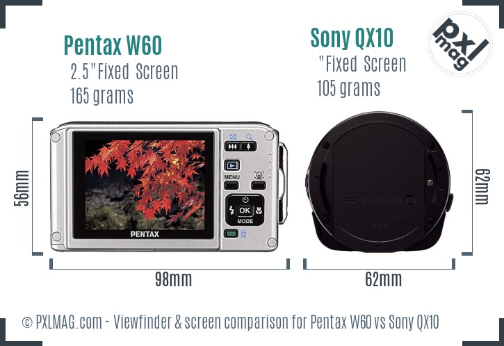 Pentax W60 vs Sony QX10 Screen and Viewfinder comparison