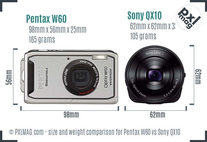 Pentax W60 vs Sony QX10 size comparison Pentax W60 vs Sony QX10 size comparison