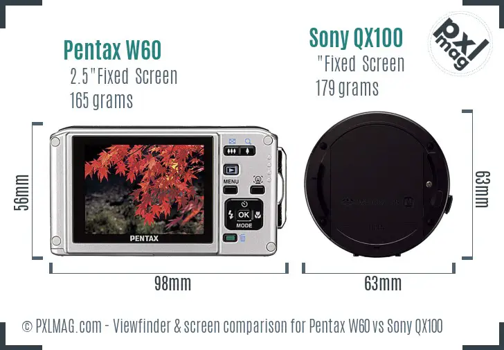 Pentax W60 vs Sony QX100 Screen and Viewfinder comparison