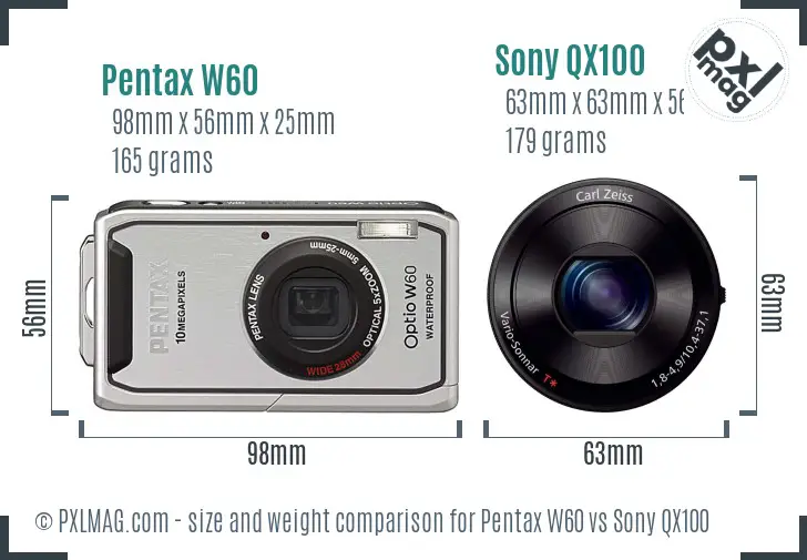 Pentax W60 vs Sony QX100 size comparison