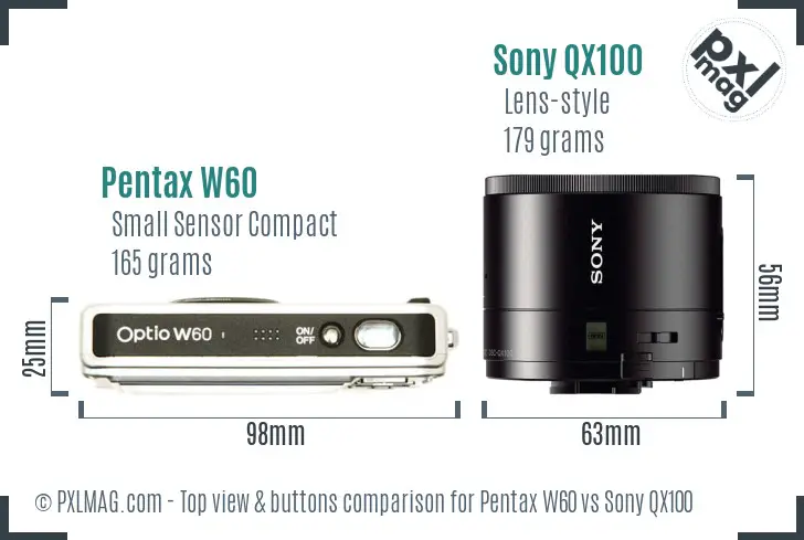 Pentax W60 vs Sony QX100 top view buttons comparison