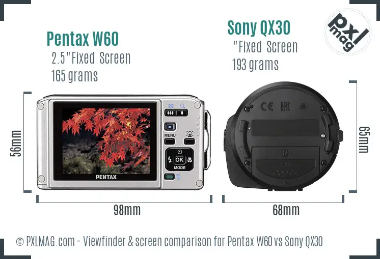 Pentax W60 vs Sony QX30 Screen and Viewfinder comparison