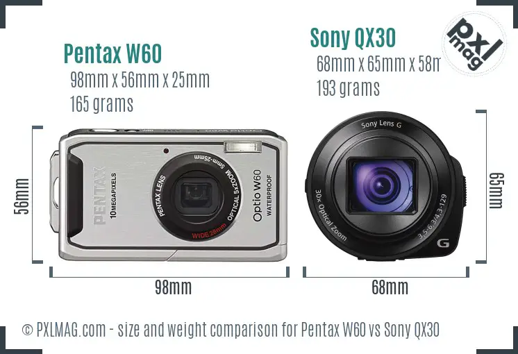 Pentax W60 vs Sony QX30 size comparison