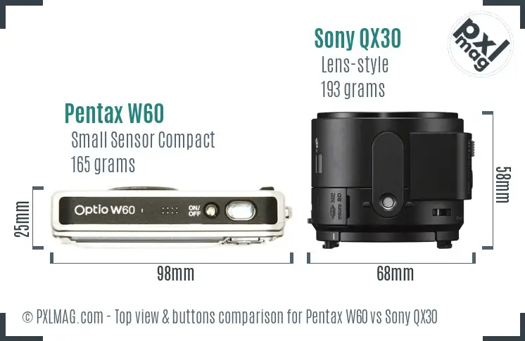 Pentax W60 vs Sony QX30 top view buttons comparison