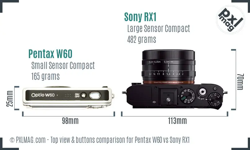 Pentax W60 vs Sony RX1 top view buttons comparison