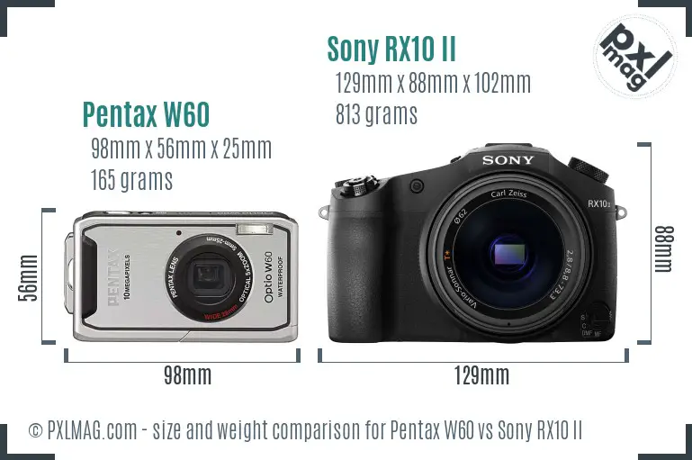 Pentax W60 vs Sony RX10 II size comparison