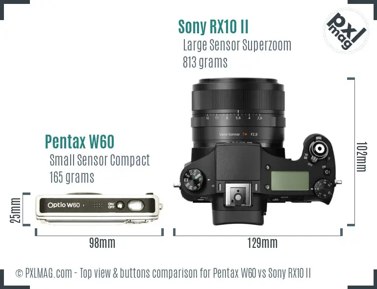 Pentax W60 vs Sony RX10 II top view buttons comparison