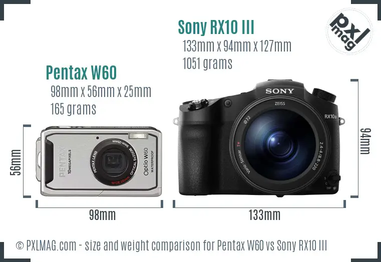 Pentax W60 vs Sony RX10 III size comparison