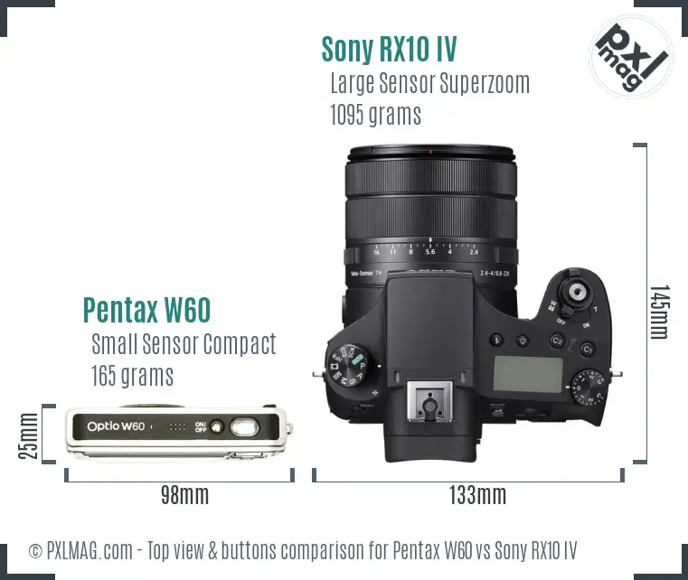 Pentax W60 vs Sony RX10 IV top view buttons comparison