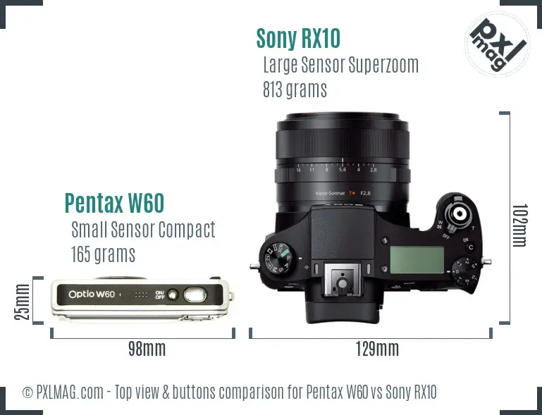 Pentax W60 vs Sony RX10 top view buttons comparison