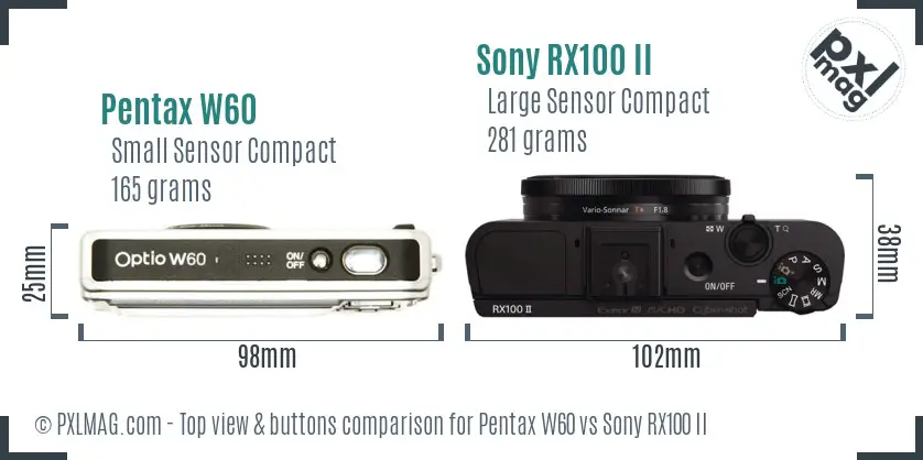 Pentax W60 vs Sony RX100 II top view buttons comparison