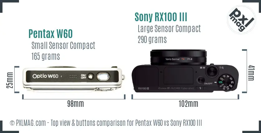 Pentax W60 vs Sony RX100 III top view buttons comparison