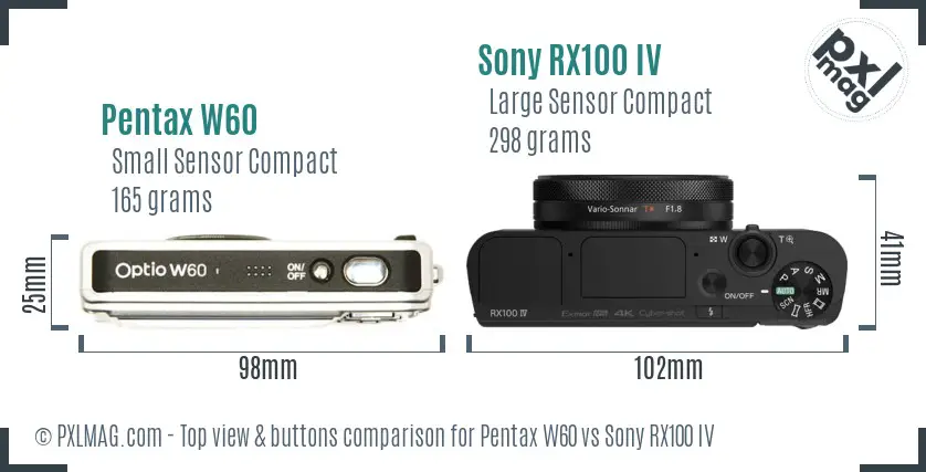 Pentax W60 vs Sony RX100 IV top view buttons comparison Pentax W60 vs Sony RX100 IV top view buttons comparison
