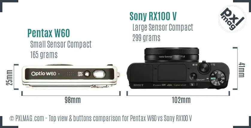 Pentax W60 vs Sony RX100 V top view buttons comparison