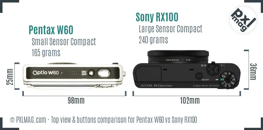 Pentax W60 vs Sony RX100 top view buttons comparison