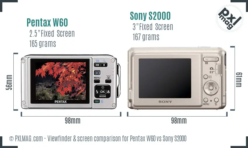 Pentax W60 vs Sony S2000 Screen and Viewfinder comparison