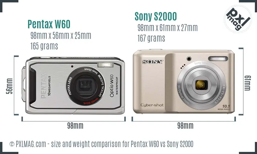 Pentax W60 vs Sony S2000 size comparison