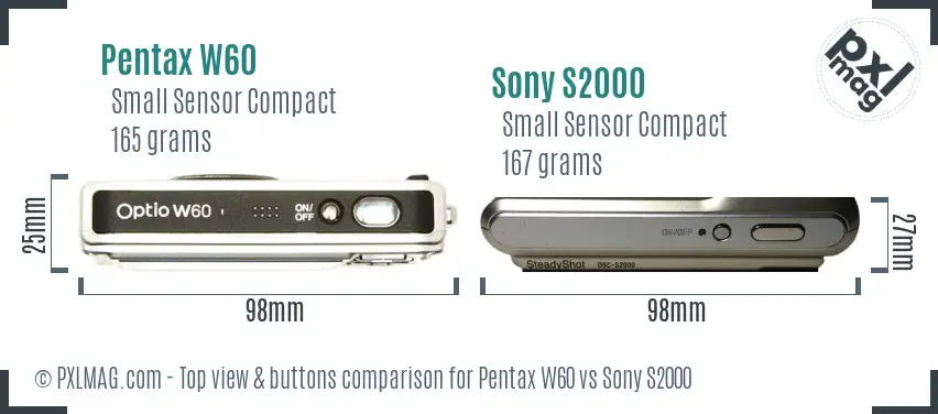 Pentax W60 vs Sony S2000 top view buttons comparison