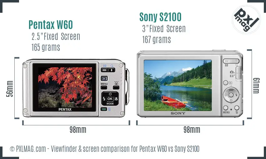 Pentax W60 vs Sony S2100 Screen and Viewfinder comparison