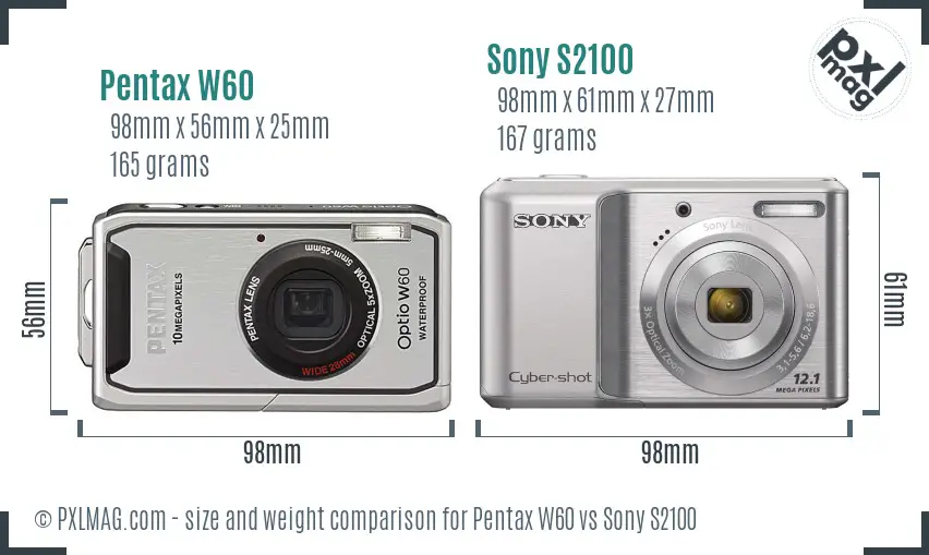 Pentax W60 vs Sony S2100 size comparison