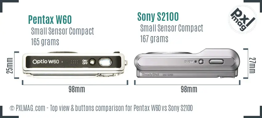 Pentax W60 vs Sony S2100 top view buttons comparison