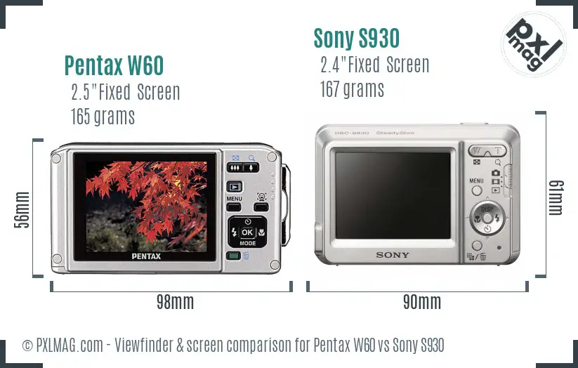 Pentax W60 vs Sony S930 Screen and Viewfinder comparison