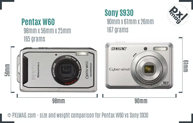Pentax W60 vs Sony S930 size comparison