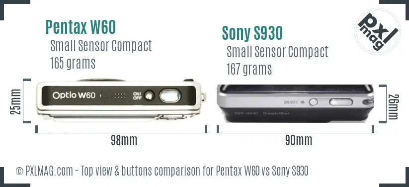 Pentax W60 vs Sony S930 top view buttons comparison
