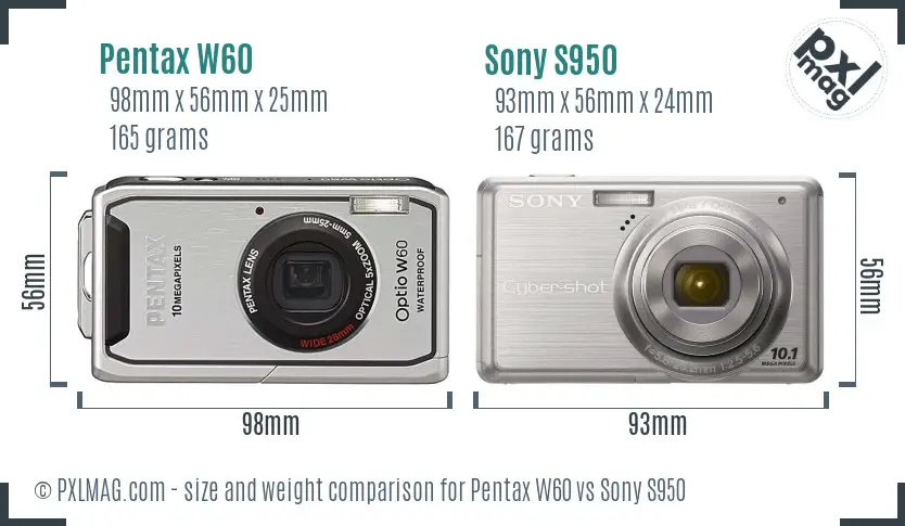 Pentax W60 vs Sony S950 size comparison Pentax W60 vs Sony S950 size comparison
