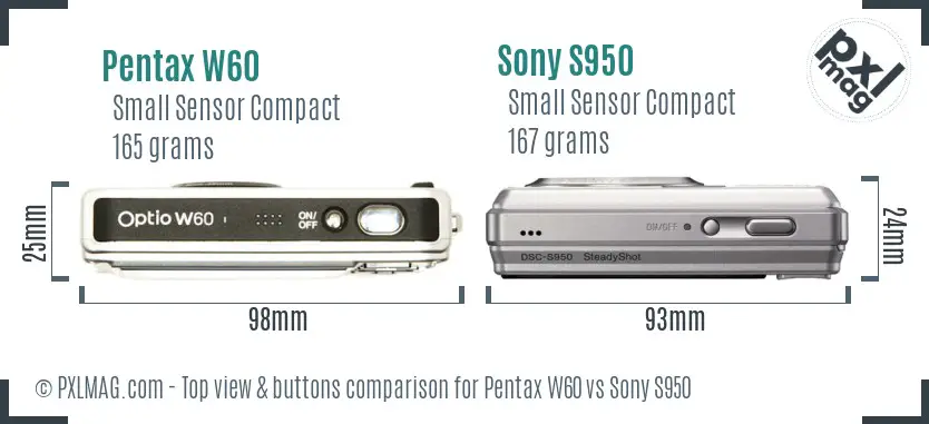 Pentax W60 vs Sony S950 top view buttons comparison Pentax W60 vs Sony S950 top view buttons comparison