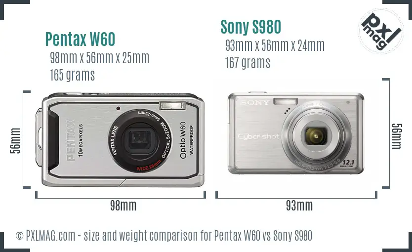 Pentax W60 vs Sony S980 size comparison