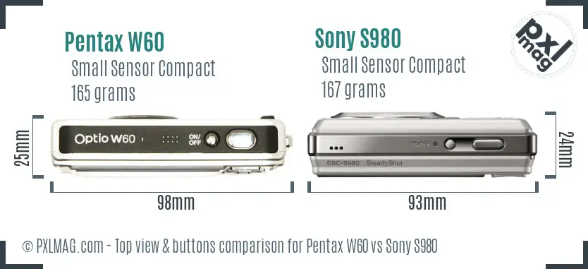 Pentax W60 vs Sony S980 top view buttons comparison
