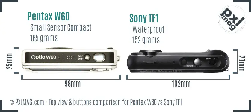 Pentax W60 vs Sony TF1 top view buttons comparison