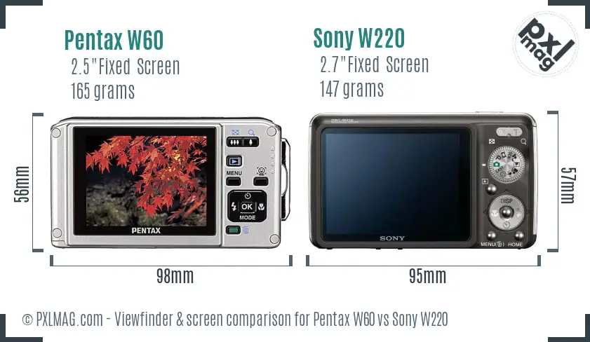 Pentax W60 vs Sony W220 Screen and Viewfinder comparison