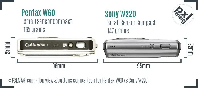 Pentax W60 vs Sony W220 top view buttons comparison